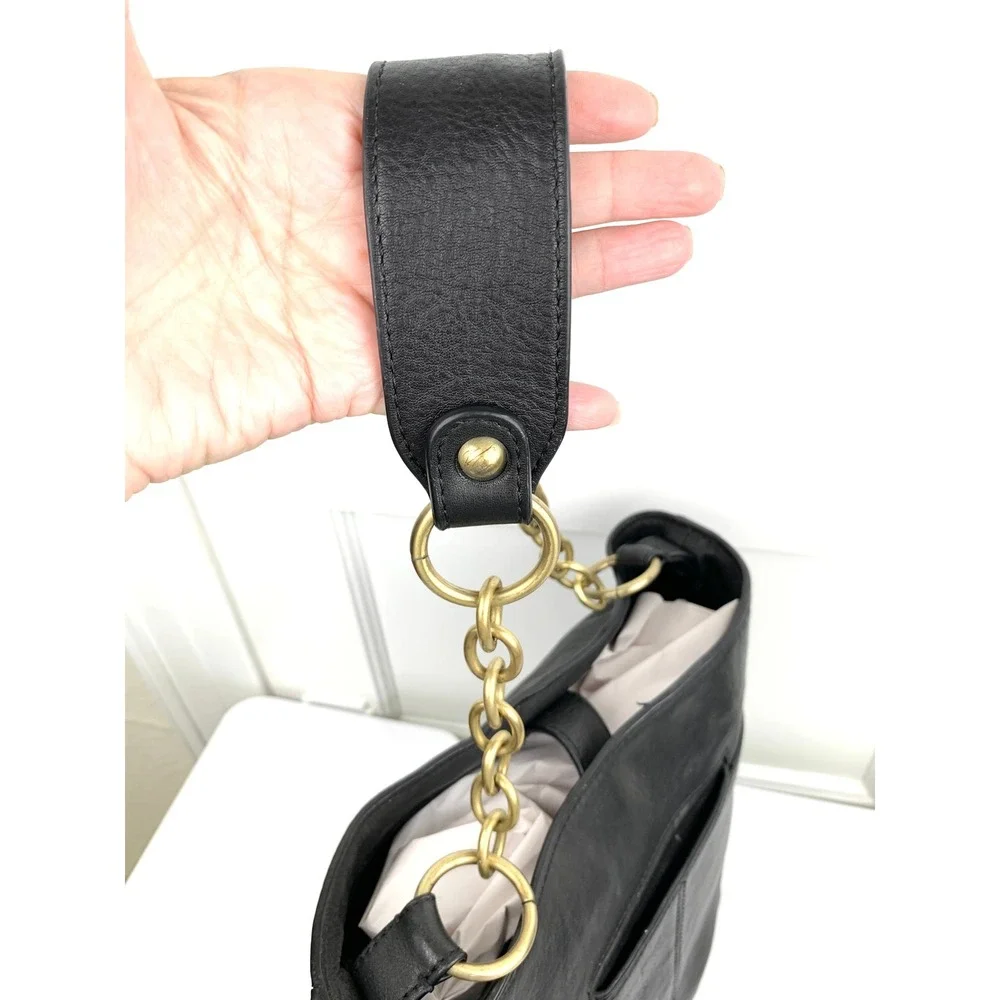 Laundry by Shelli Segal Black Leather Hobo Bucket Purse Gold Chain Strap Medium
